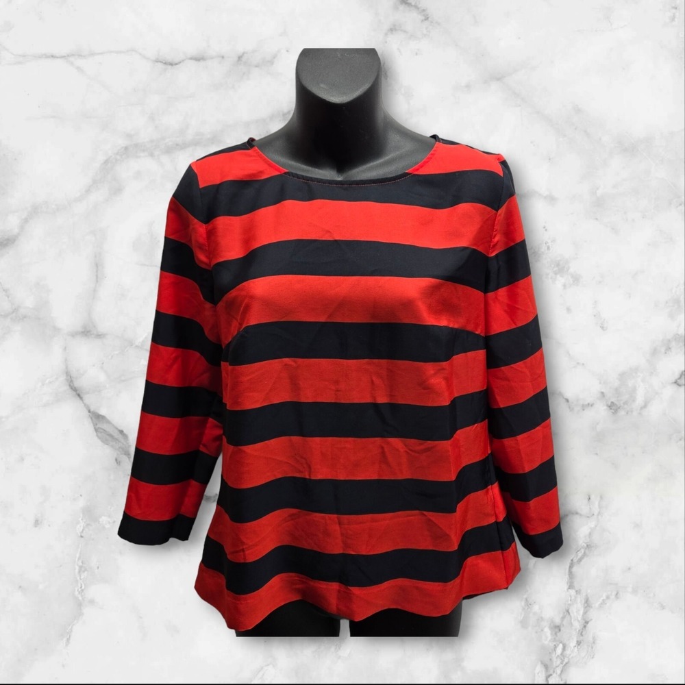 J. Crew Factory Womens Blouse Red‎ Navy Striped Crew Neck Size XS Preppy